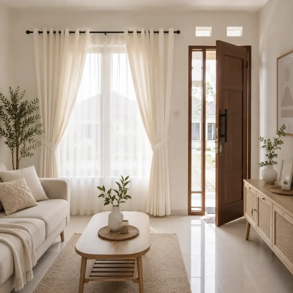 Gorden warna putih pada ruang tamu minimalis rumah kecil yang memberikan kesan ruangan lebih luas, terang, dan elegan