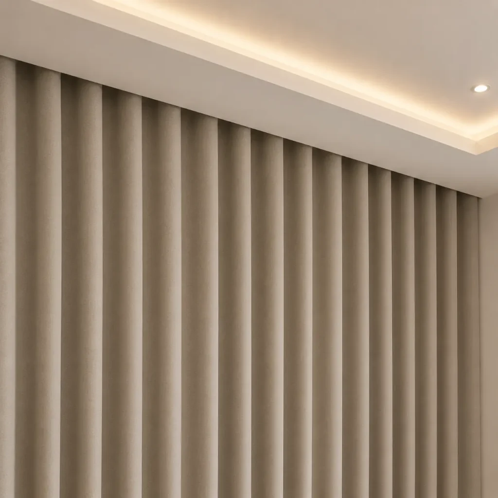 Detail lipatan gorden ripple fold dengan pemasangan rel tersembunyi di dalam drop ceiling, menciptakan tampilan modern, rapi, dan elegan pada interior rumah minimalis.