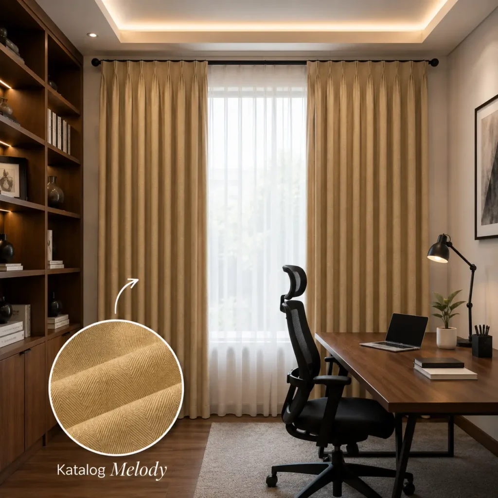 Katalog Melody dari Rumah Decor dengan gorden dimout cokelat muda bermotif embos pada ruang kerja minimalis modern, menampilkan detail tekstur kain sebagai referensi pilihan gorden elegan.