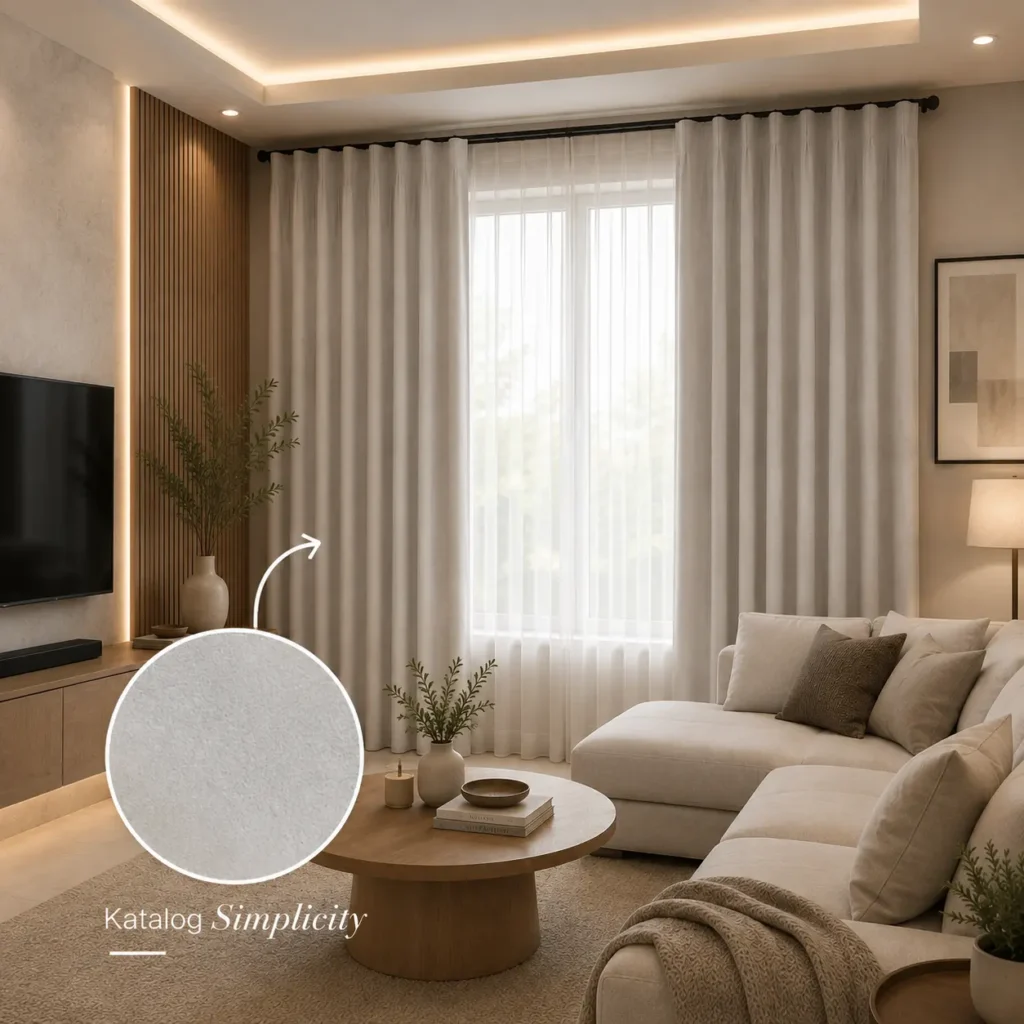 Katalog Simplicity dari Rumah Decor dengan gorden dimout polos berwarna krem pada ruang keluarga minimalis modern, menampilkan detail tekstur kain sebagai referensi gorden bergaya Japandi dan modern.