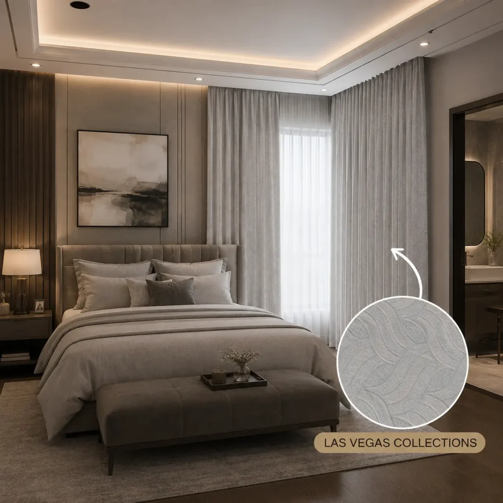 Gorden blackout Las Vegas Collections bermotif embos warna abu-abu muda dipasang pada kamar tidur utama bergaya modern dengan kombinasi sheer, menghadirkan sentuhan dekoratif yang elegan sekaligus membantu menghalau cahaya secara optimal.