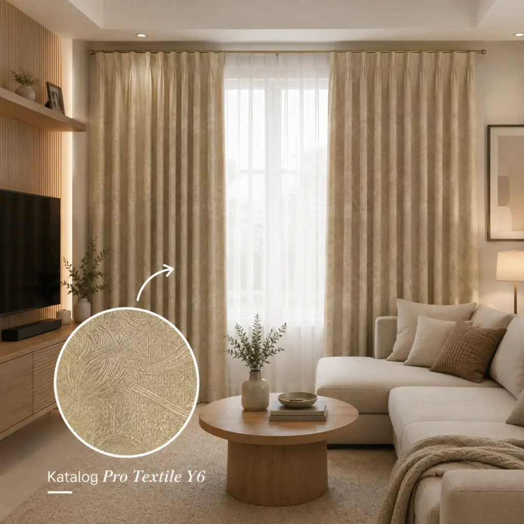 Gorden dimout Pro Textile Y6 bermotif bunga minimalis berwarna krem pada ruang keluarga modern dengan pencahayaan alami, menampilkan tekstur kain yang elegan dan lembut.